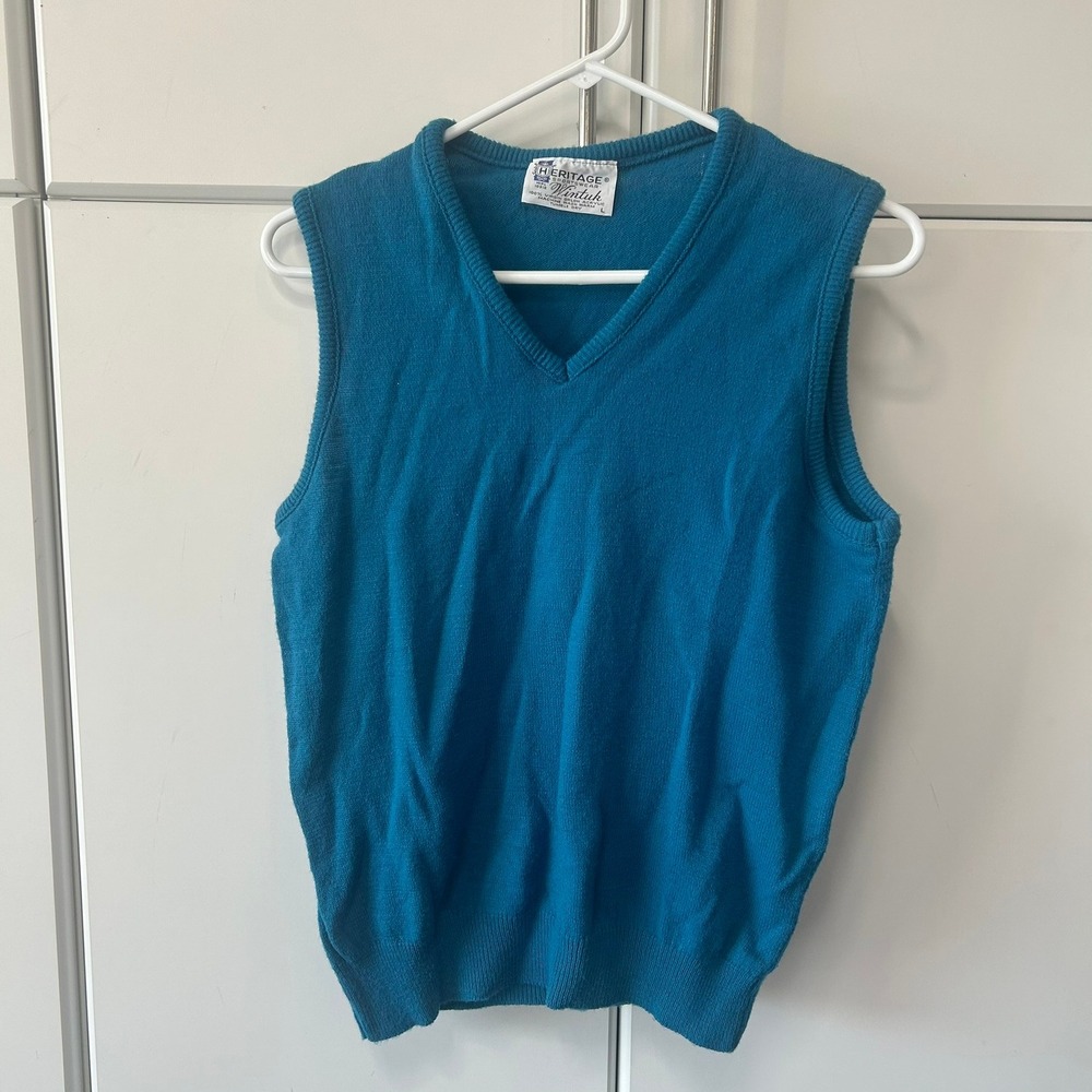 Vintage Heritage Sportswear Wintuk Teal Blue V-Neck Knit Sweater Vest Mens Large